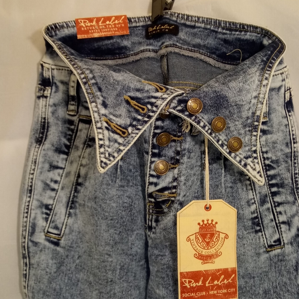 PINK LABEL VINTAGE COLLECTION BUTTON FLY FOLD OVER WAIST ACID WASH JEANS